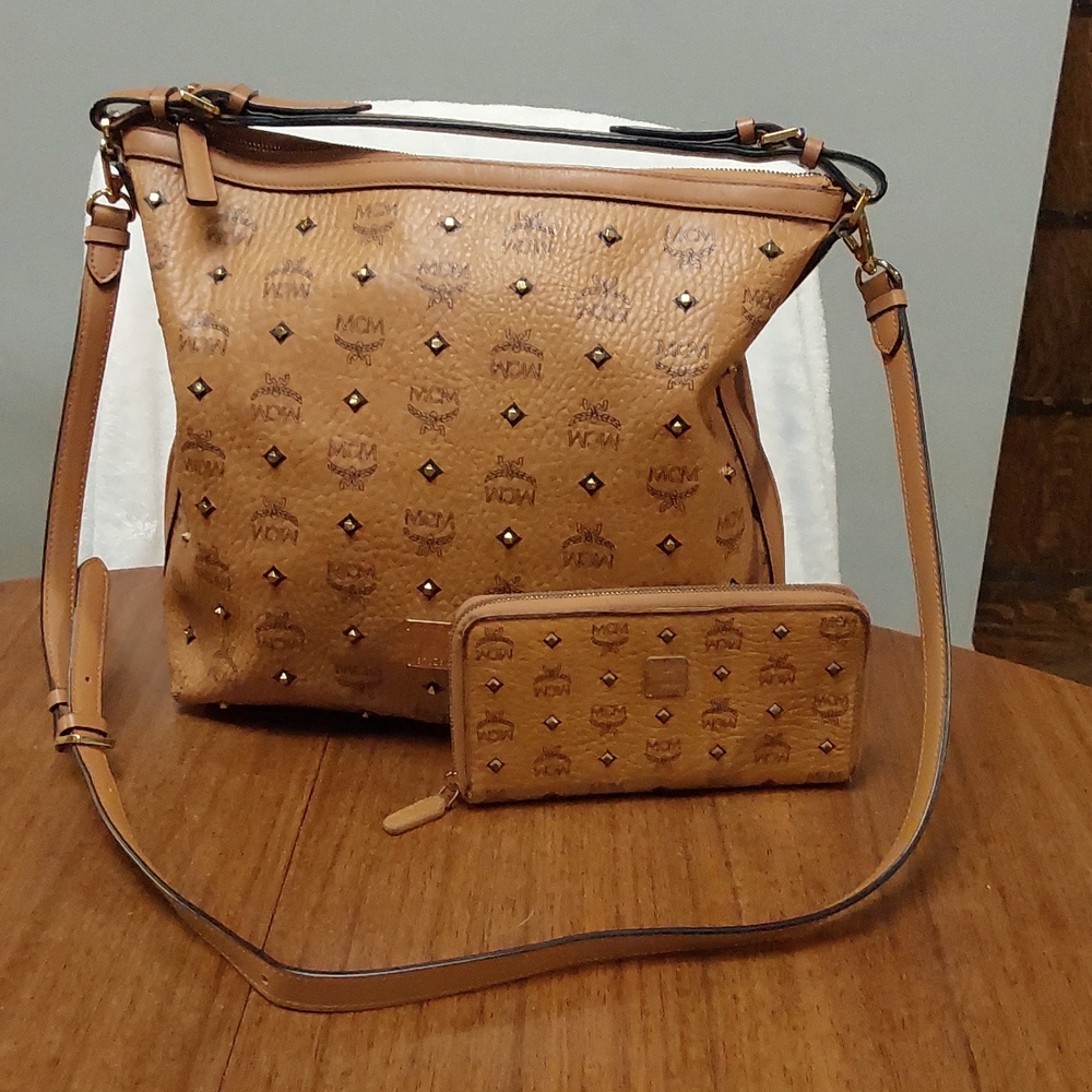 MCM Cognac Hobo Bag with Matching Wallet Iconic Monogram Print